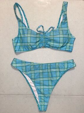Tunnel Vision Blue and Green Plaid Two-Piece Bikini Set
